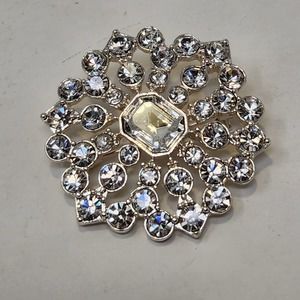 Monet Clear Rhinestone Silver Tone Round Brooch Pin Costume Jewelry Open Work